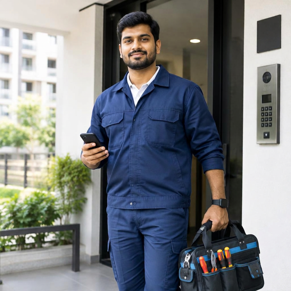 Technician with toolbag arriving at an apartment